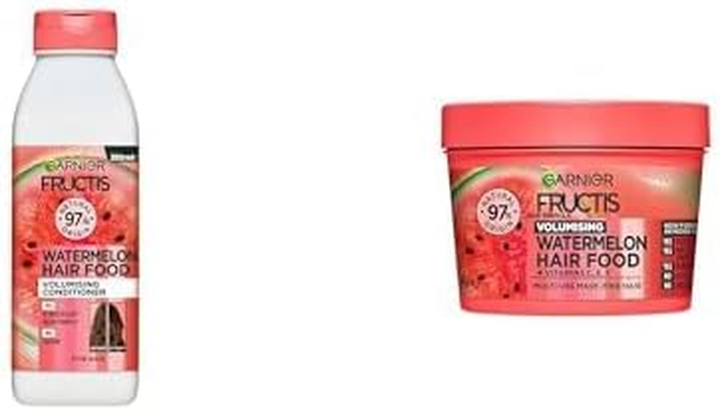 Garnier Fructis, Conditioner, Detangling and Plumping, Hair Food Watermelon, 350Ml & Garnier Fructis, 3-In-1 Hair Mask, Plumping & Hydrating, Hair Food Watermelon, 390Ml