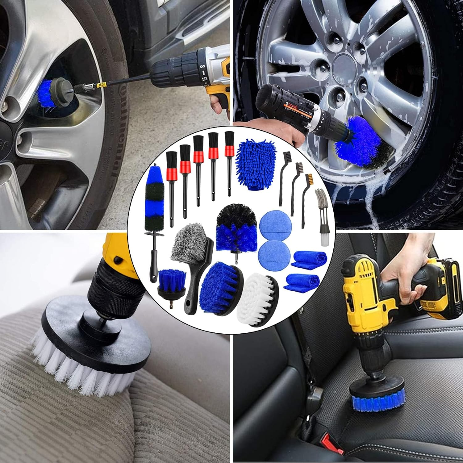 Jaronx 20Pcs Wheel Tire Cleaning Brush Set, Car Detailing Kit with Wheels Rim Brushes, Drill Detailing Brushes, Wash Mitt, Wax Pads, and Towels image number 4