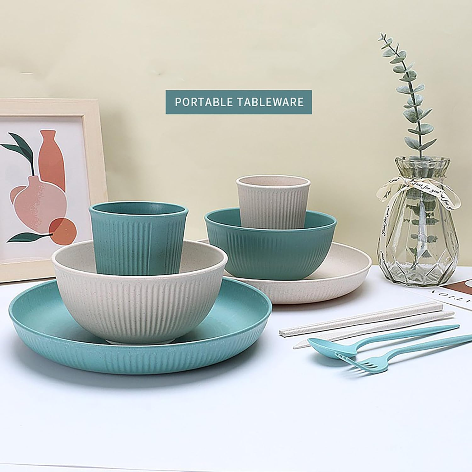 28 Pieces Wheat Straw Dinnerware Sets, Reusable Unbreakable Dinnerware Set, Plastic Dinnerware Sets, Picnic Camping Dinner Sets, Lightweight Camping Plates Cups and Bowls Set for Dorm Kitchen image number 1