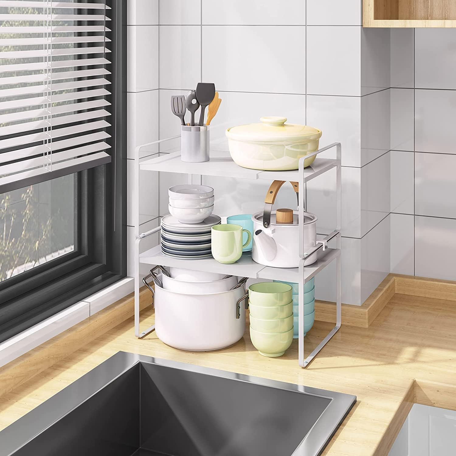 NOAEOU Expandable Countertop Organizer Shelf, Cupboard Stand Kitchen Spice Rack,Cabinet Pantry Shelf, Organization and Storage for Kitchen Bathroom (White) image number 5