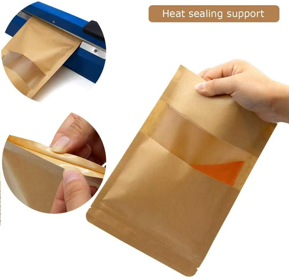 20Pc 9Cmx14Cm+3Cm Kraft Paper Stand up Doy Pouch Zip Lock Bags with Window Food Storage