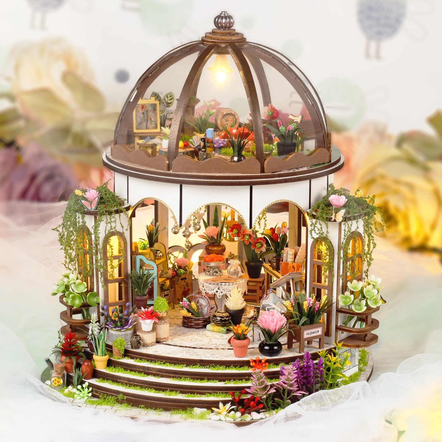 Tukiie DIY Miniature Dollhouse Kit with Furniture, 1:24 Scale Creative Room Mini Greenhouse Wooden Doll House for Kids Teens Adults(Hanging Garden)