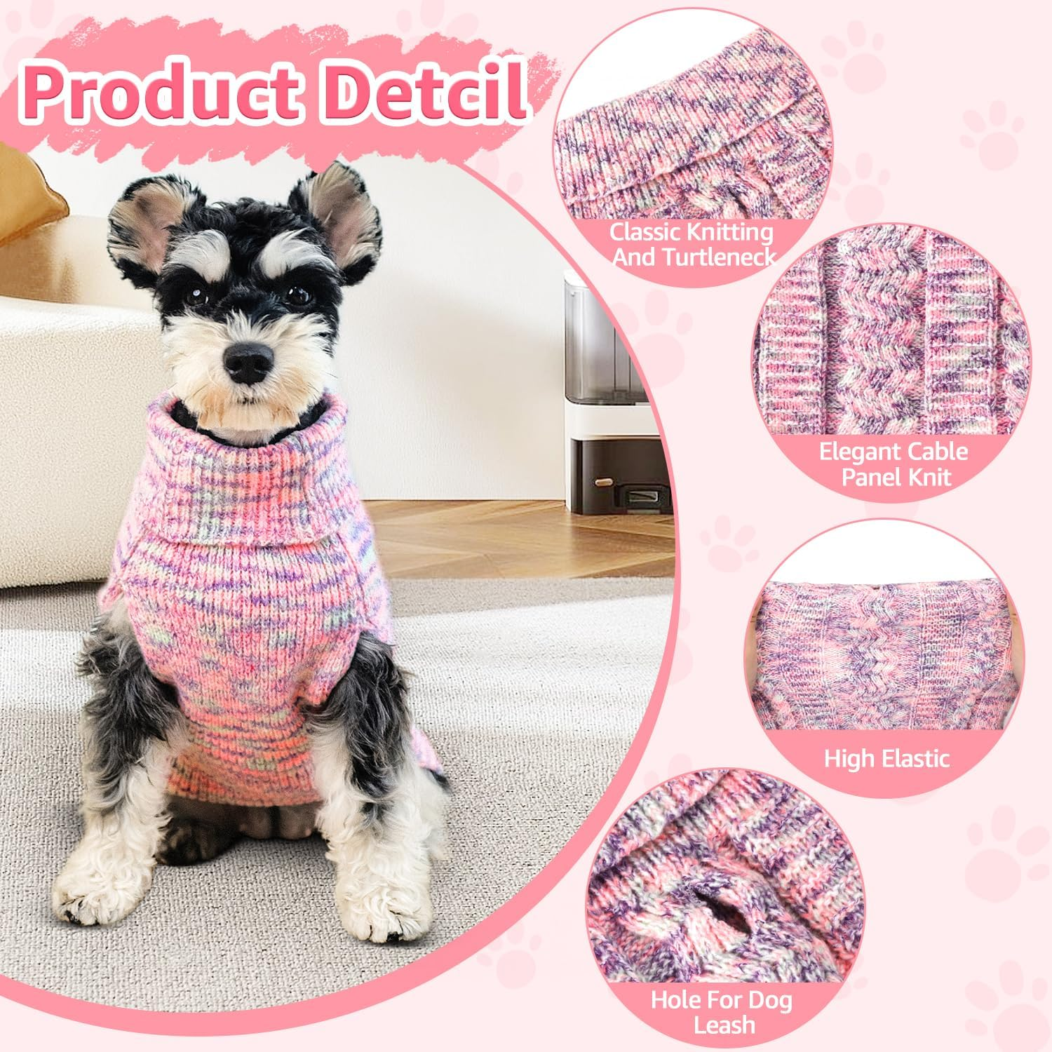 AUTOWT Dog Sweater Sweatshirt - Turtleneck Classic Cable Knitted Doggie Knitwear with Leash Hole,Winter Warm Soft Jumpers Pet Pullover Coat Clothes for Puppy Small Medium Dogs image number 6