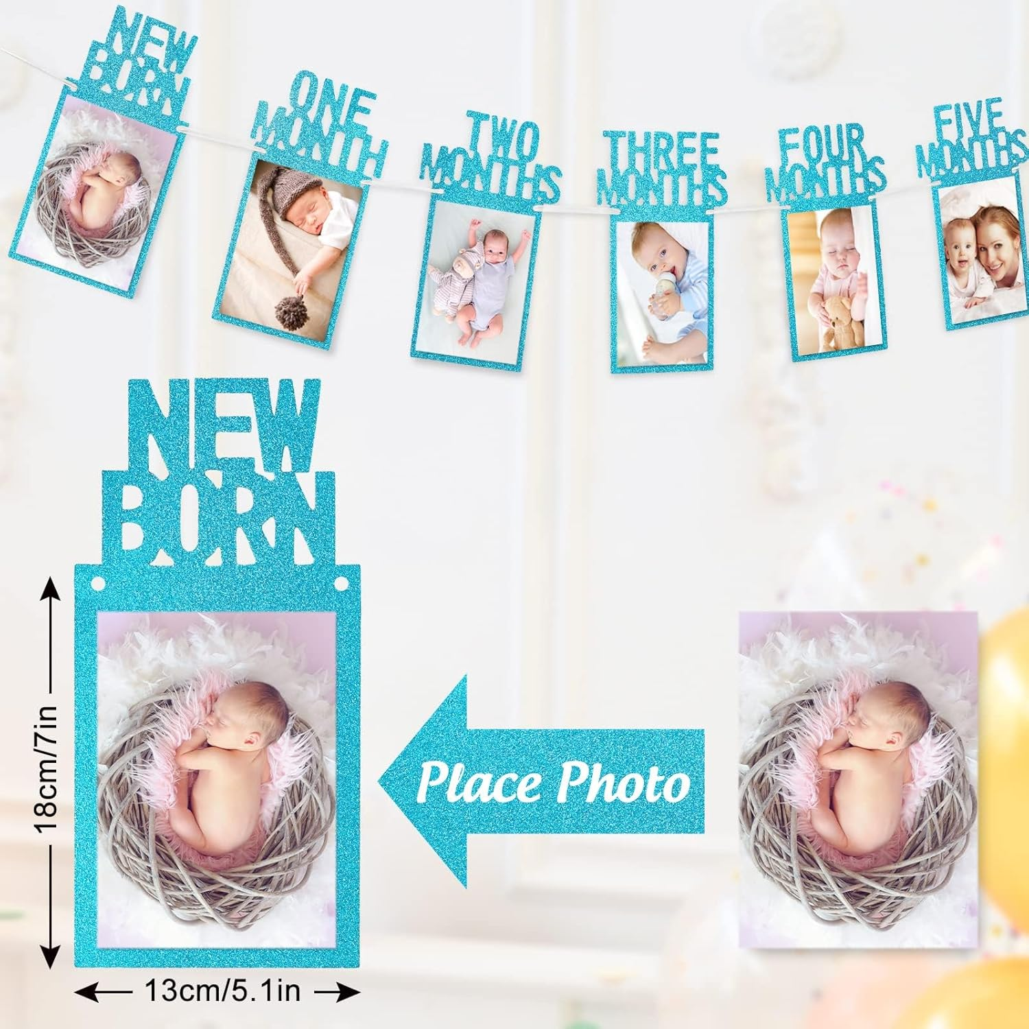 1St Birthday Baby Photo Banner for Newborn to 12 Months, Monthly Milestone Photograph Bunting Garland, First Birthday Celebration Decoration (Blue) image number 4