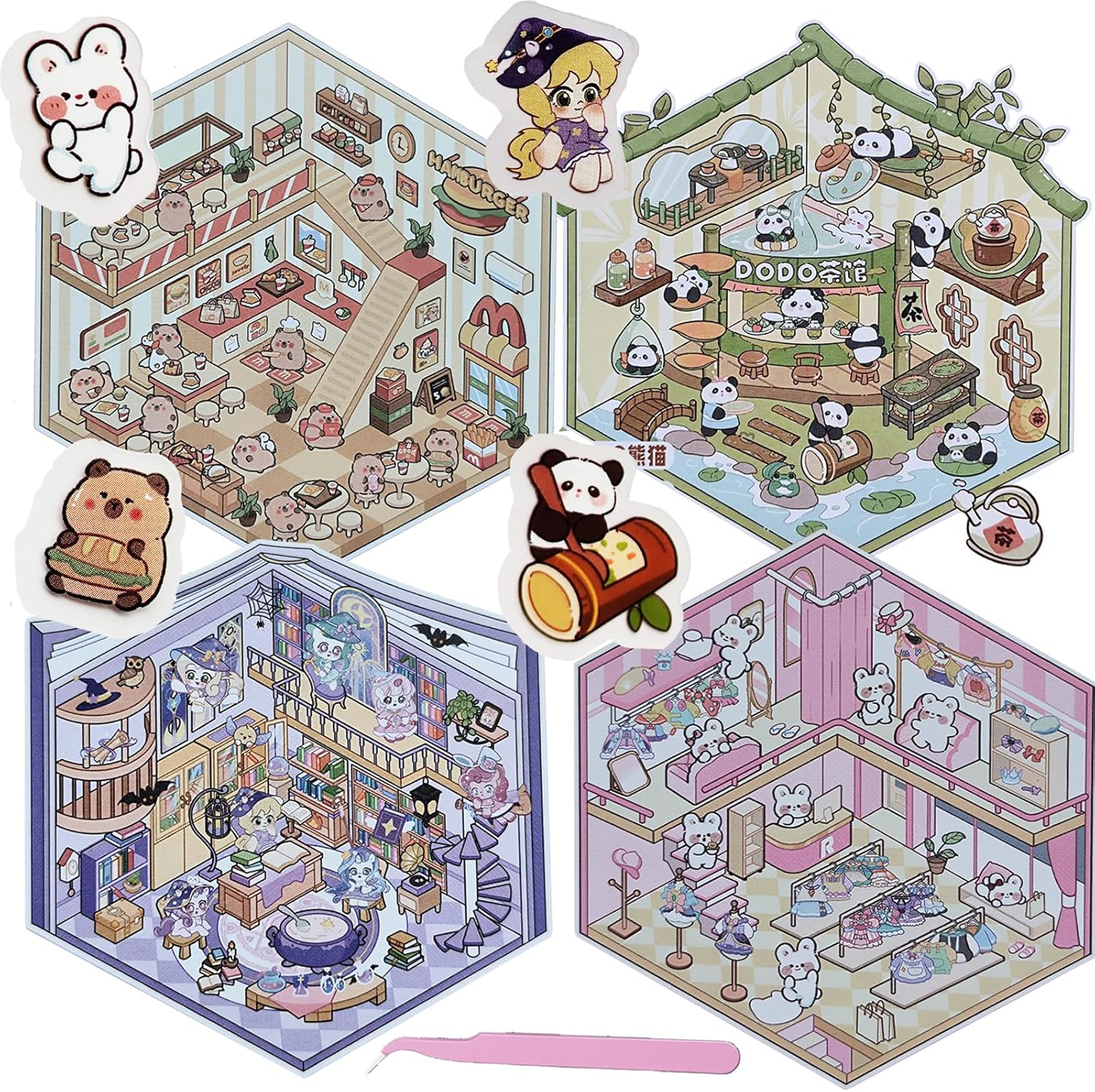 4 Sets DIY 3D House Sticker Big Scene of Stickers for Girls Make Your Own Mini Shop Scenes Stickers for Kids Cute Cartoon Animal Sticker for Adult Relief Stress Pass the Time (Big-1)