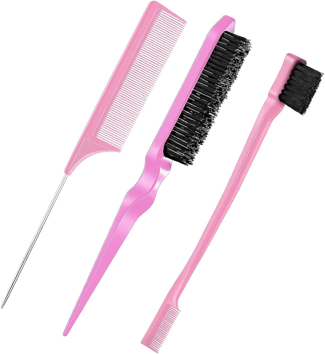 3 Pieces Comb Set for Teasing, Edge & Slick Back Brushing - Rat Tail & Edge Combs for Styling Women'S Hair (Pink)