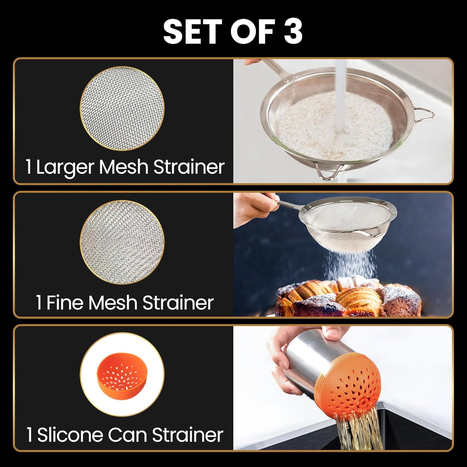 Stainless Steel Strainer Set, 1 Large Pasta & Rice Strainer for Kitchen + 1 Small Fine Mesh Strainer with Handle + 1 Silicone Can Strainer, Flour Sifter for Baking, Kitchen Strainer Fine Mesh (SS) image number 3