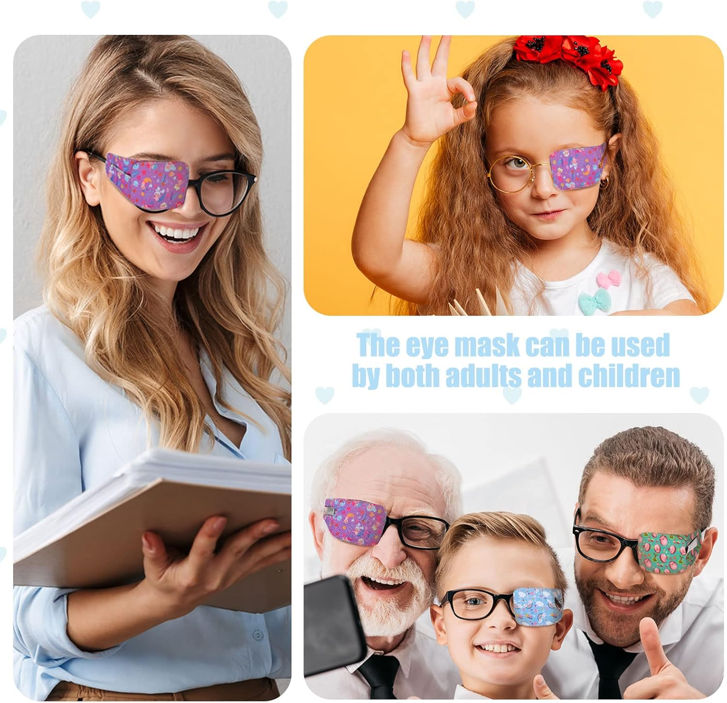 4 Pcs Eye Patches for Kids Reusable Eyepatch for Glasses to Cover Either Eye, Pink Blue Green White, 4 Styles image number 1