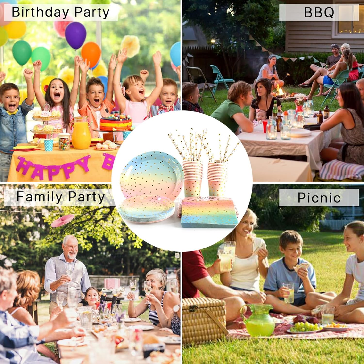 GYB 25 Guests Colorful Party Supplies, Disposable Party Tableware Plates Cups Napkins Straws Table Cloth Dinnerware Set for Weddings, Birthday Parties, Graduations image number 2