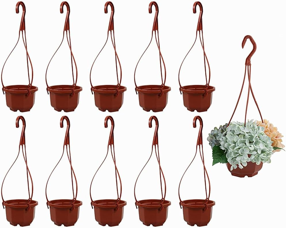 10 Sets of Octagonal Plant Hanging Flower Pots, Plastic Hanging Planters with Drainage Holes and Hooks, for Garden Balcony Decoration (Brown) image number 3