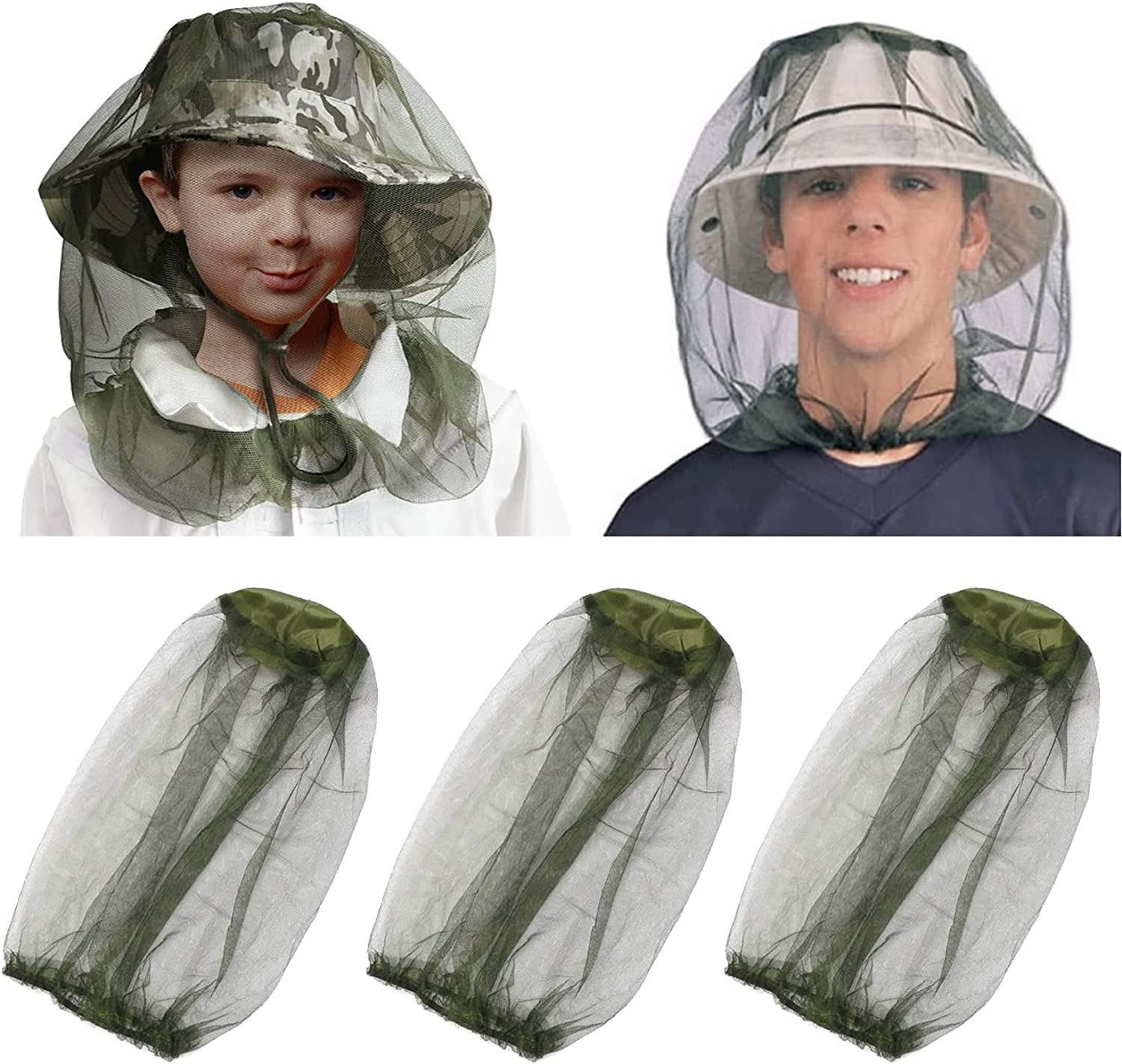 3 Pack Mosquito Prevention Head & Face Covering Mesh, Lightweight Cover Nets for Kids Adults, Outdoor Activities Elastic Band Opening Netting Protect from Insects (Hat Not Included) (Olive Green)