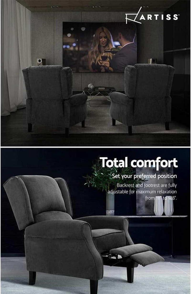 Artiss Recliner Chair, Fabric Recliners Sofa with Adjustable Backrest Footrest, Charcoal Lounge Couch Armchair with Study Steel Base, Nursing Feeding for Living Room, Bedroom image number 2