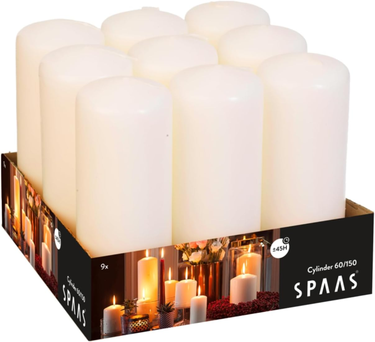 Spaas Tray of 9 Unscented Pillar Candles 60/150 Mm, &plusmn; 45 Hours, Ivory