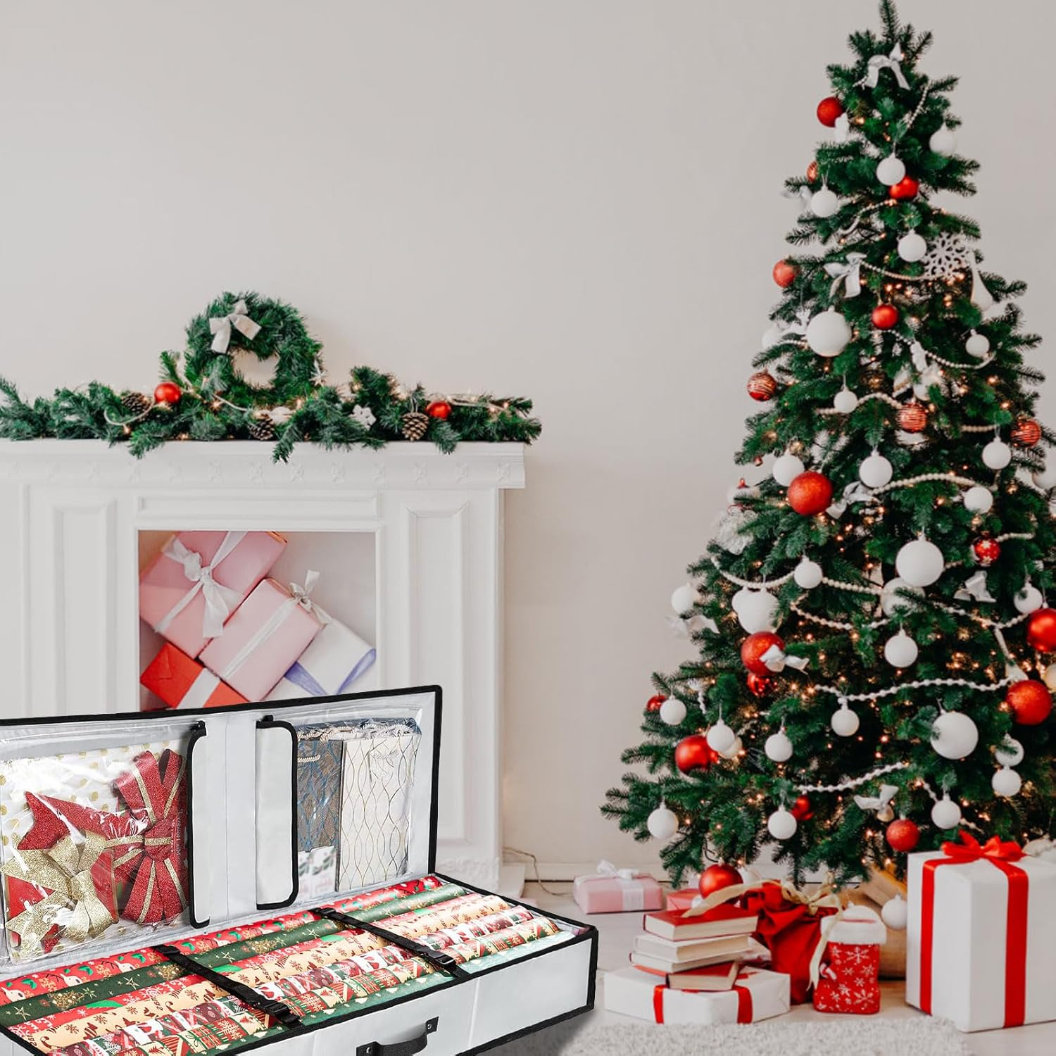 Large Wrapping Paper Storage Box for Christmas Wrapping Paper Holder Fits up to 24 Rolls Durable 600D Oxford Fabric with Extra Pockets for Accessories Packing Roll Storage Containers, Grey image number 1