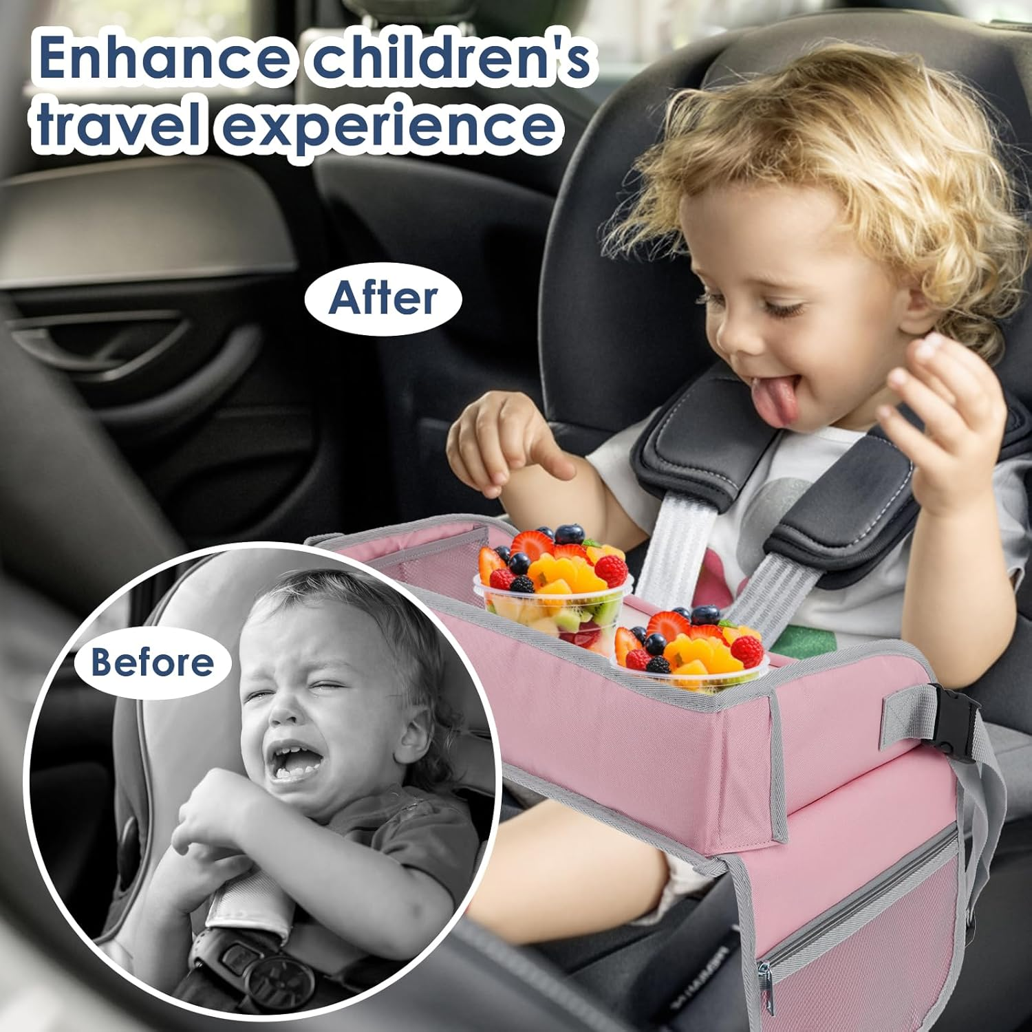Car Seat Tray Enduring Kids Travel Tray Easy to Install Car Seat Table Tray with Adjustable Strap Portable Easy to Clean Car Seat Tray for Kids Travel Toddlers (Pink) image number 5