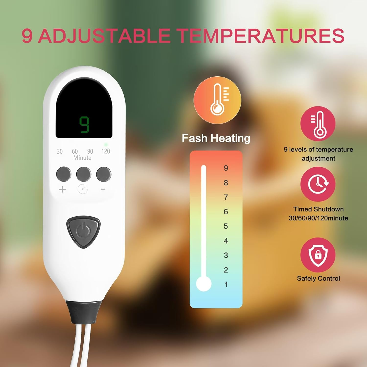 Electric Heating Pad, Soft Heated Pad with LCD Controller, 9 Heating Levels, 4 Gears Timing, Fast Heating & Machine Washable, Great for Back Neck Shoulder Belly Leg Arm, 60Cmx30Cm, Green image number 5