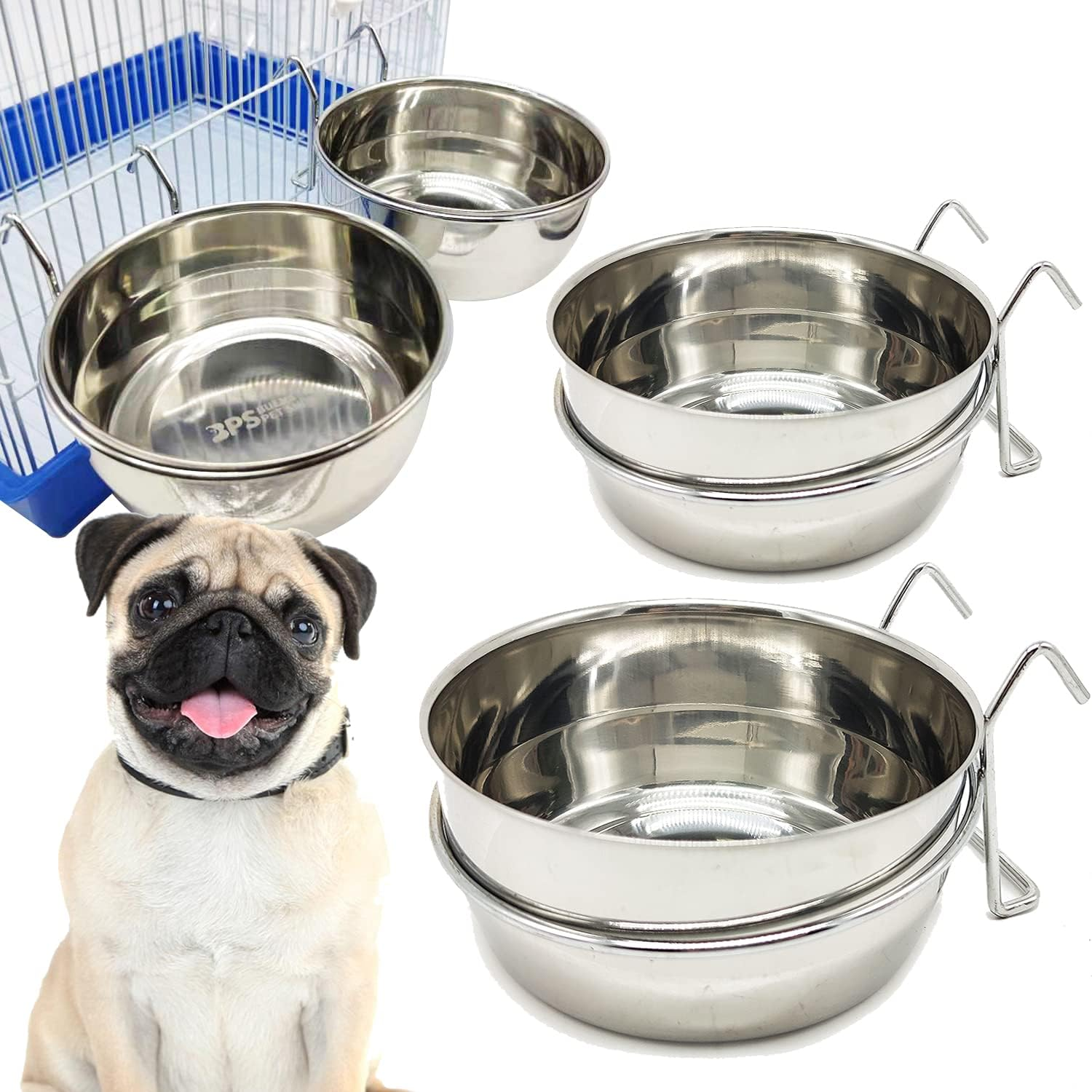 2 X Stainless Steel Food Bowl with Hook Food Container 4 Sizes Pendant for Bird Parrot Small Dog (For Cat) BPS-11131 * 2