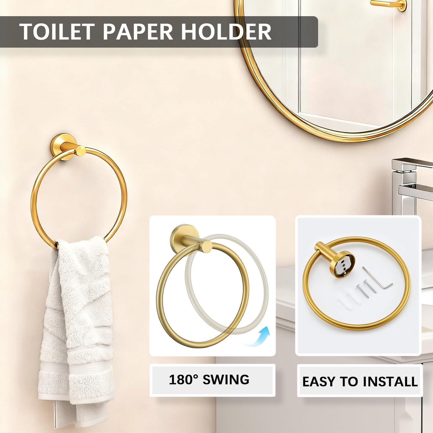 Outdoorpal 5-Piece Bathroom Hardware Set in Brushed Dark Gold - 23.6 Inch Towel Bar & Rack Set, Crafted from Durable SUS304 Stainless Steel image number 2