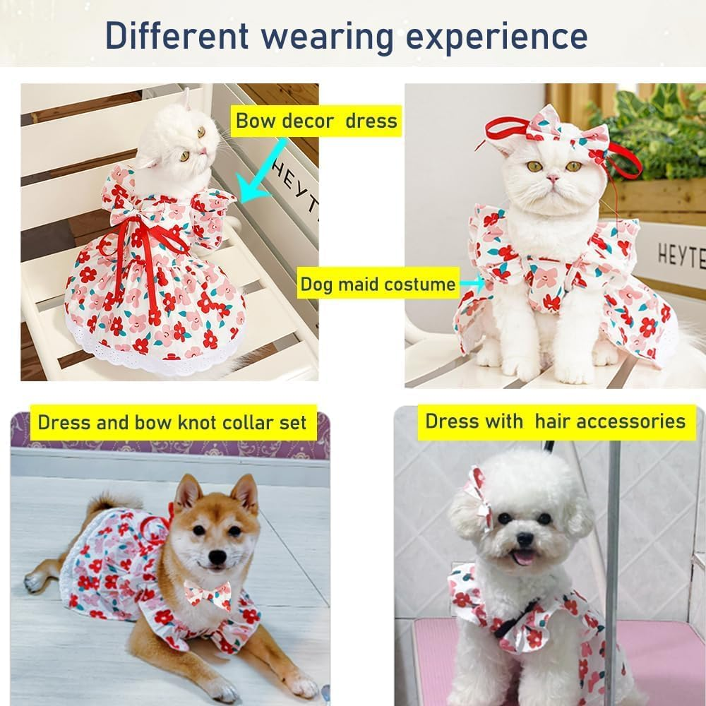Dog Dress Dresses for Small Dogs Bow Cat Dress for Cat Only Dog Outfit Summer Puppy Clothes (Red, M) image number 2
