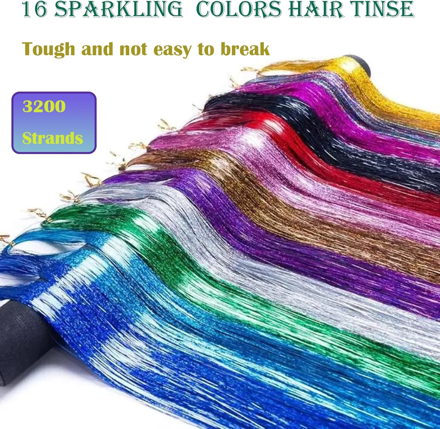 3200 Strands Hair Tinsel Kit,Fairy Hair Tinsel Tool for Shiny Hair Extension,Heat Resistant Fairy Tinsel Hair Kit for Women Girls Cosplay Party Festival Hair Accessories(48 Inch, 16 Colors) image number 2