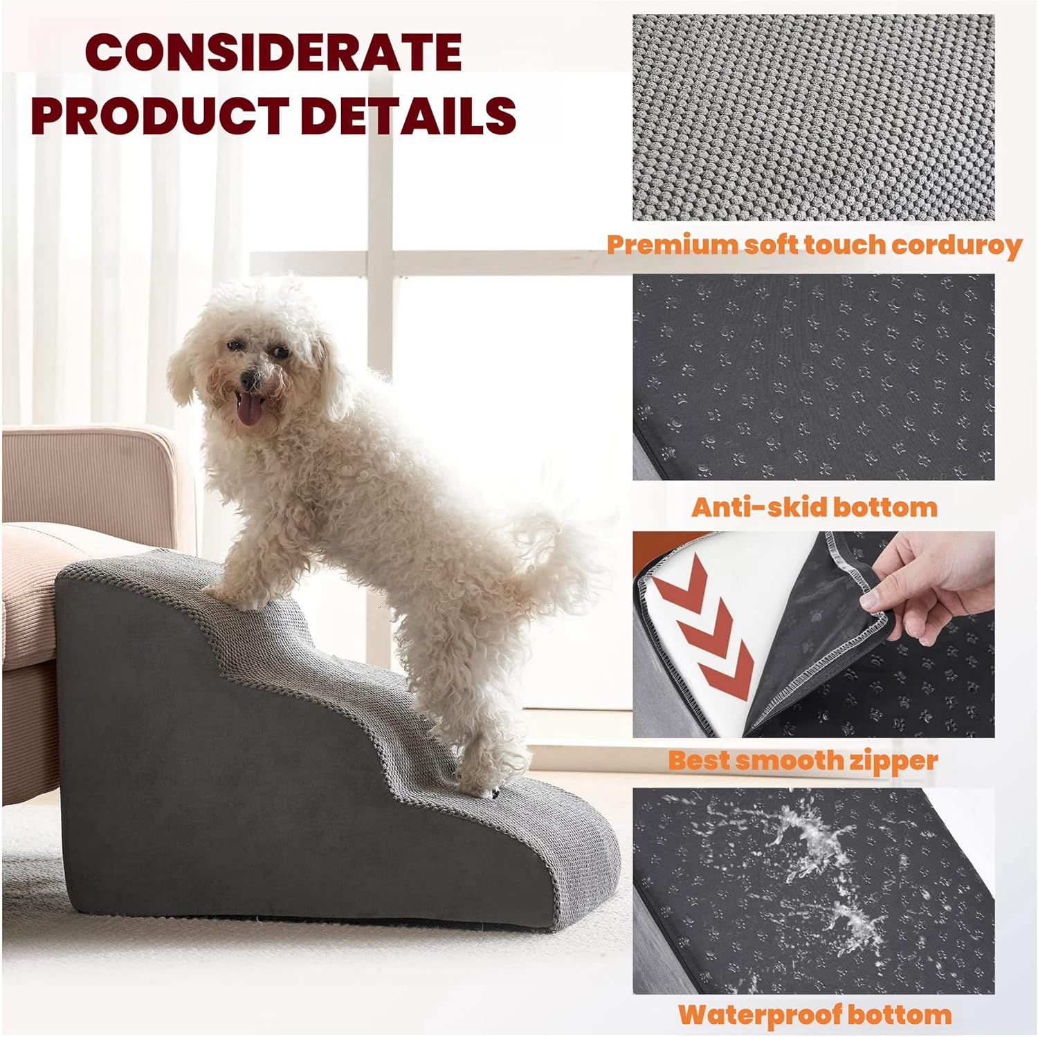 CHIEFAWAY Dog Stairs Ramp, 3-Tiers Dog Steps Suitable for Beds and Couches, Non-Slip Pet Steps with Waterproof Fabric Cover, Removable Indoor Dog Slope Stairs for Small Dogs and Cats image number 3
