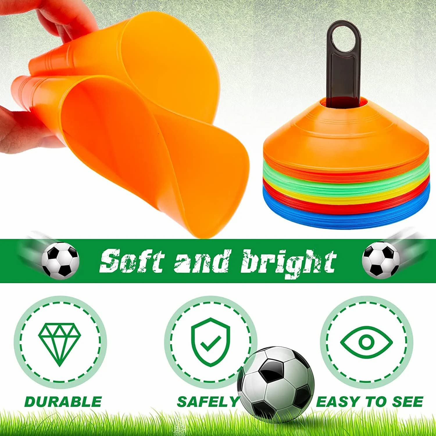 50-Pack Soccer Disc Cones,More Thicker, More Flexible,Multi Color Cone for Agility Training, Soccer, Football, Field Marker（Orange, Red, Green, Blue, Yellow）