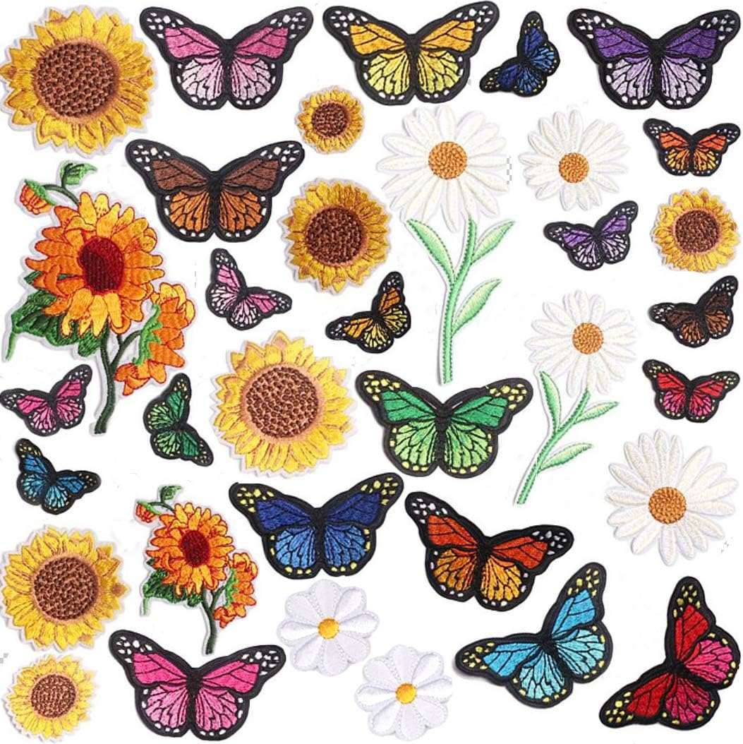 Embroidered Iron on Patch for Clothing,Sunflowers Butterfly Iron on Patches Set,Large Size Cute Decoration Embroidered Patches Pack for Jeans,Bags, Clothing, Arts Crafts DIY (Mix)