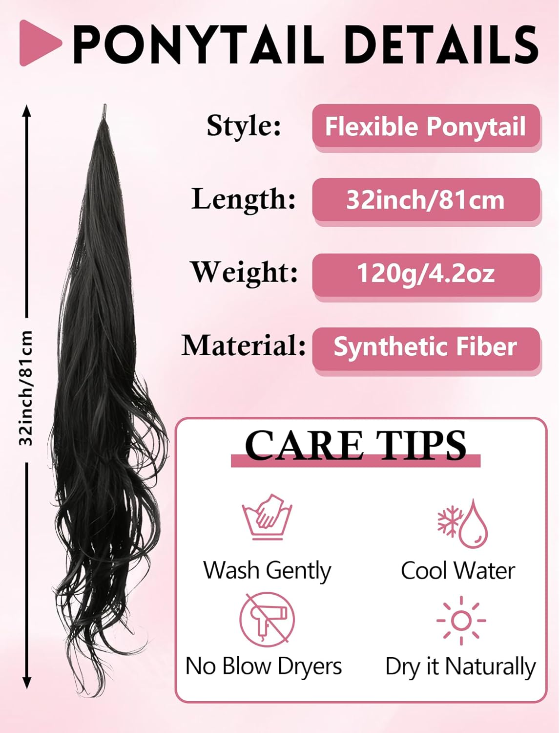Flexible Wrap around Ponytail Hair Extensions Long Wavy Curly Hair Extensions Natural Ponytail Fake Pony Tail Natural Black Synthetic Ponytails Hairpiece for Women Daily Use Black image number 4