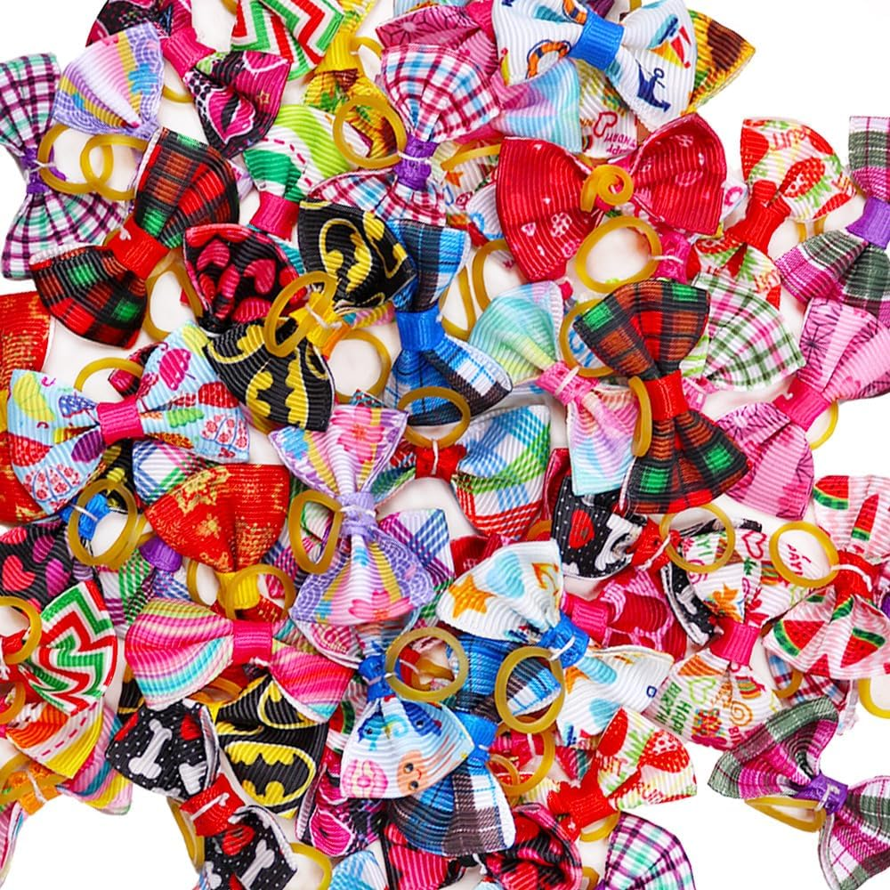 Aoozleny Cute Puppy Hair Bows with Rubber Bands - 30PCS Cute Puppy Dog Small Bowknot Hair Accessories, Handmade, Perfect for Pet Grooming（Random Color） (A) - B image number 2