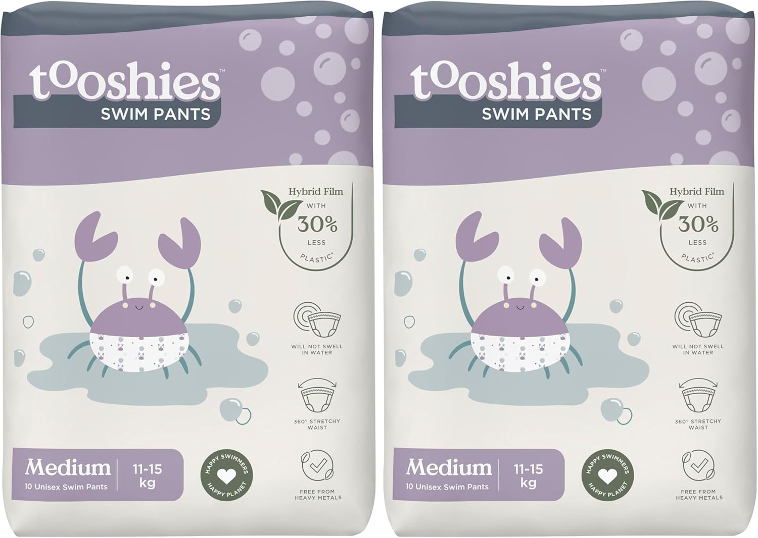 Tooshies Swim Pants | Size Medium 11-15 Kgs | Hybrid Film with 30% Less Plastic | No Swell | Pull up and Tear off | Crab Print | Unisex | 10Pk (Pack of 2) image number 3