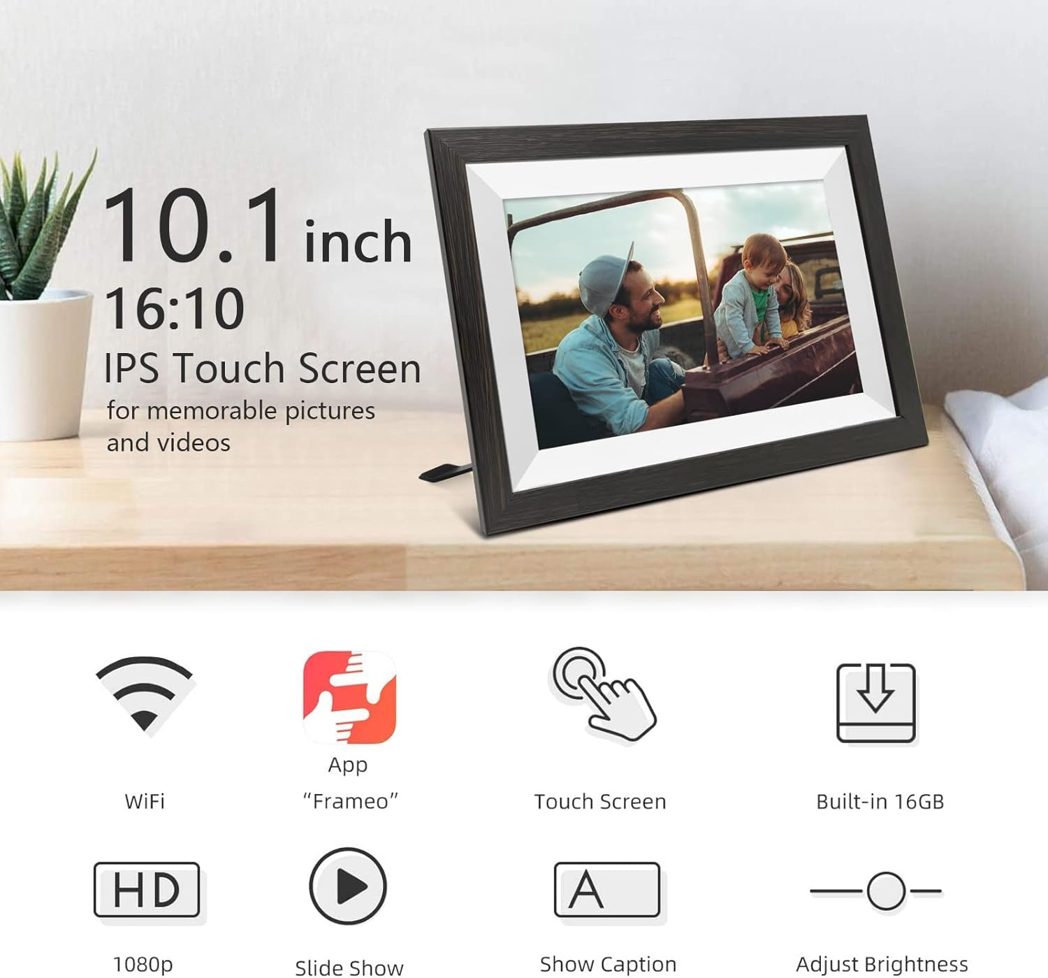 Luvlink Digital Photo Frame! Brown Smart Frameo Wifi Connected Photo Frame - 10 Inch, 1280X800, 16 GB. Send Photos to Your Loved Ones from Anywhere!