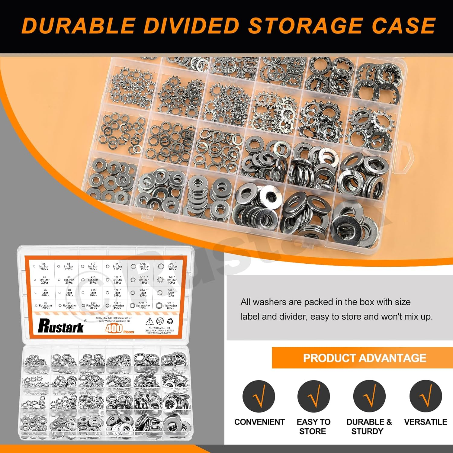 Rustark 400Pcs 6 Sizes 304 Stainless Steel SAE External & Internal Star Washers & Split Lock Washers & Flat Washers Assortment Kit Spring Lock Washers for Home Industry Construction image number 2