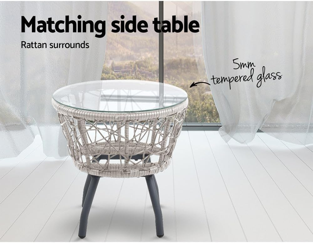 Gardeon 3Pcs Wicker Patio Furniture, Bistro Set Table and Chairs Outdoor Lounge Setting Conversation Sets Dining Chair Garden Backyard, Cushion with Rattan Coffee Table round Grey image number 5