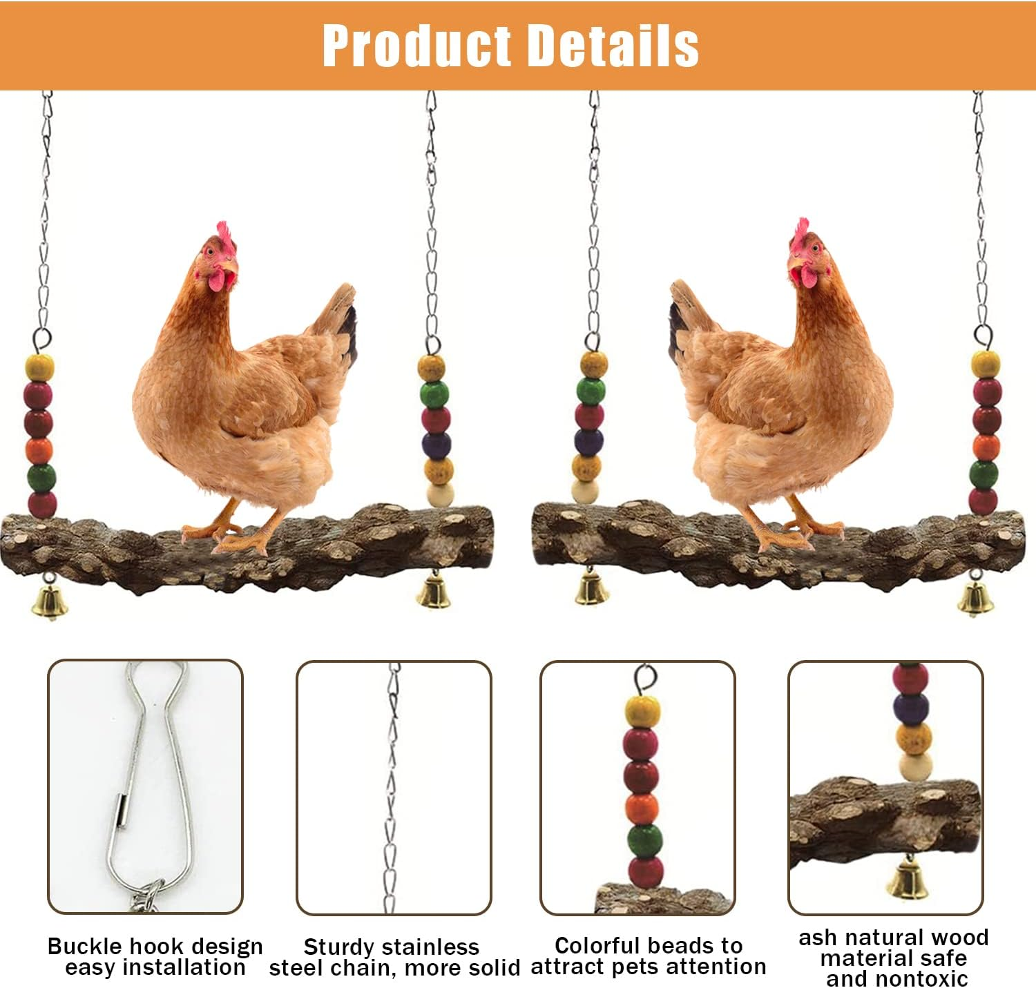 Chicken Bird Swing,Chicken Perch,Natural Wooden Swing Toys,Wood Stand for Chick,Safe and Relief of Stress,Chicken Coop Accessories,Coop Swing for Chicken Bird,Parrot,Hens (2Pcs) - 3Pcs image number 6