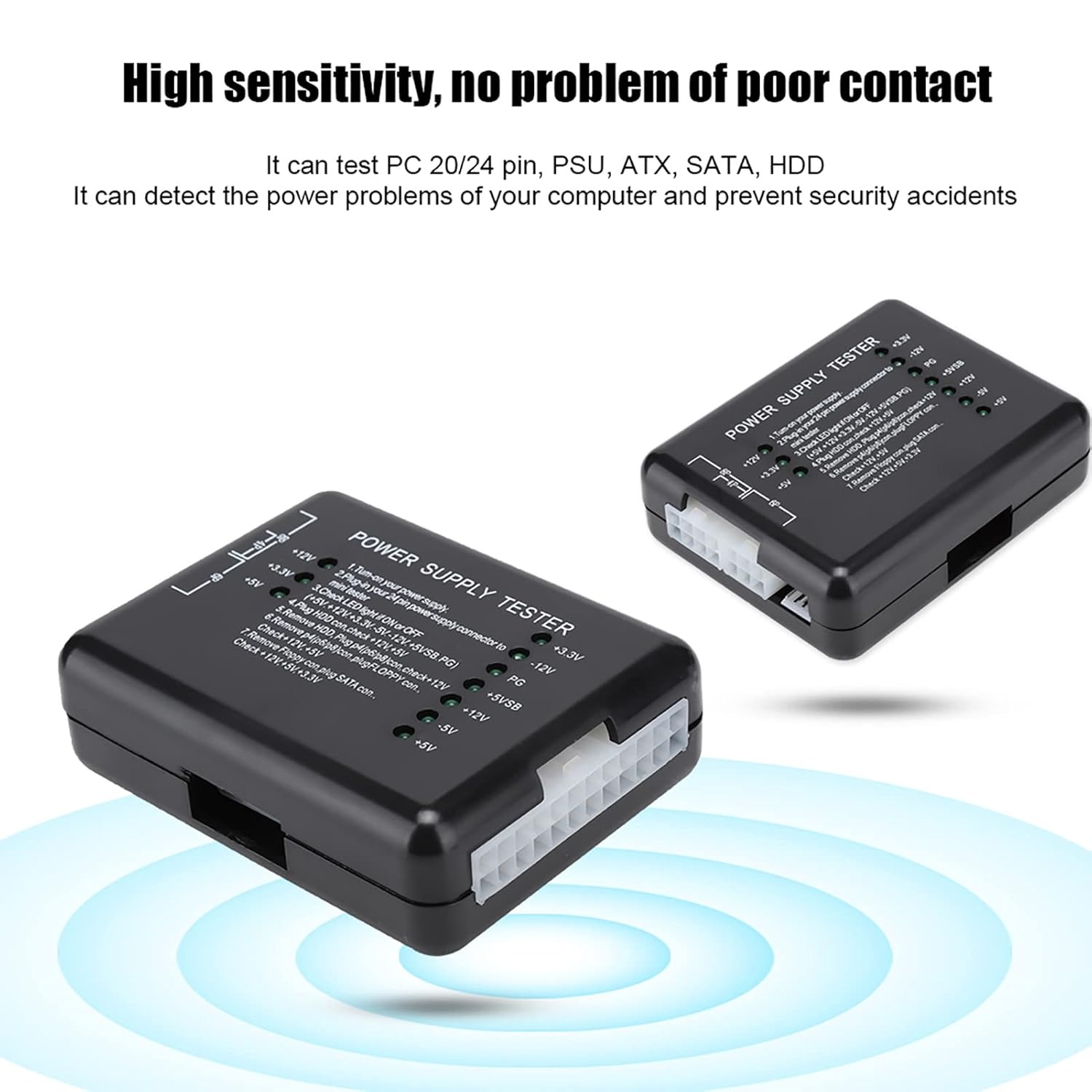 PC Power Supply Tester, 20/24Pin Computer Testing Device with Indicator Light, PSU/ATX/SATA/HDD Power Tester (Black) image number 6