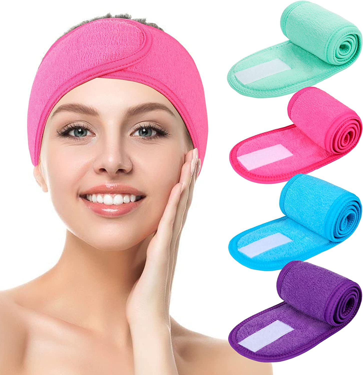 Facial Spa Headbands 4Pcs, Makeup Shower Bath Wrap Sport Headband Terry Cloth Stretch Towel with Magic Tape (Blue, Mint Green, Purple, Rose)
