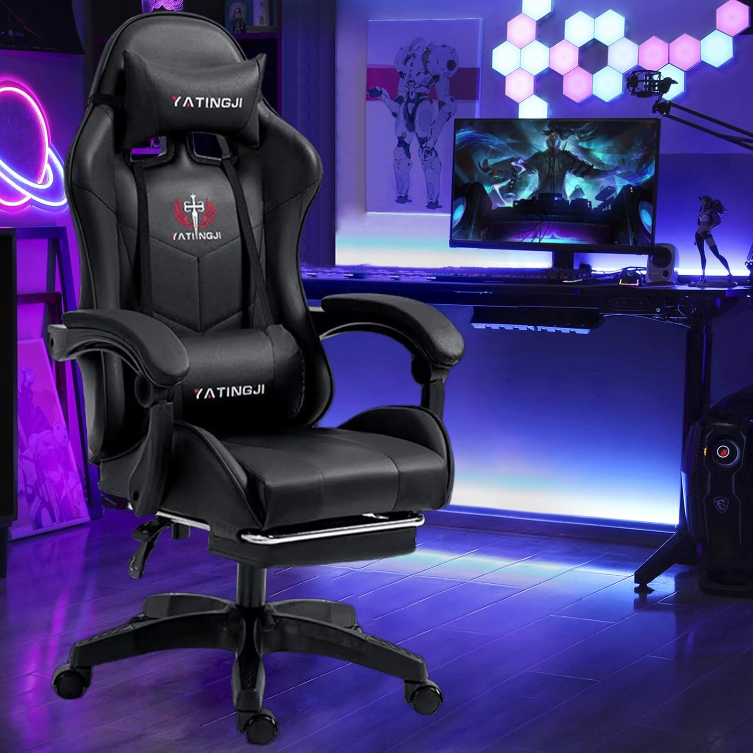 PORIYA Gaming Chair with Adjustable Backrest, Ergonomic Executive Office Chair, Height Adjustable Racing Chair Maximum Gaming Experience (Black) - Black image number 6