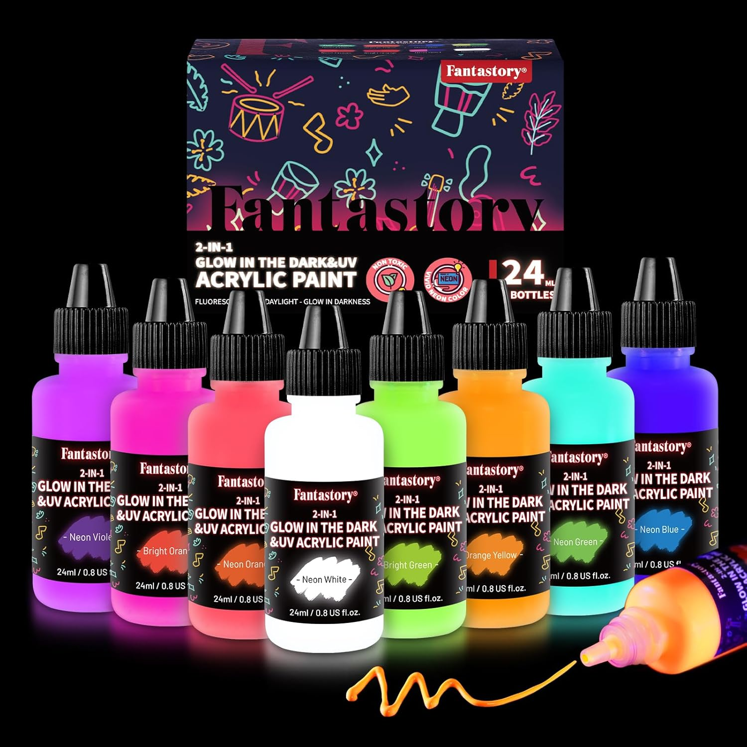 Fantastory Halloween Glow in the Dark Paint,0.8Ozx8,Neon Colors Glow Acrylic Paints,Waterproof Blacklight Paint for Outdoor Rock,Wood,Craft,Canva,Pumpkin,Holiday Decor,Adults[Fluorescentseries] image number 2