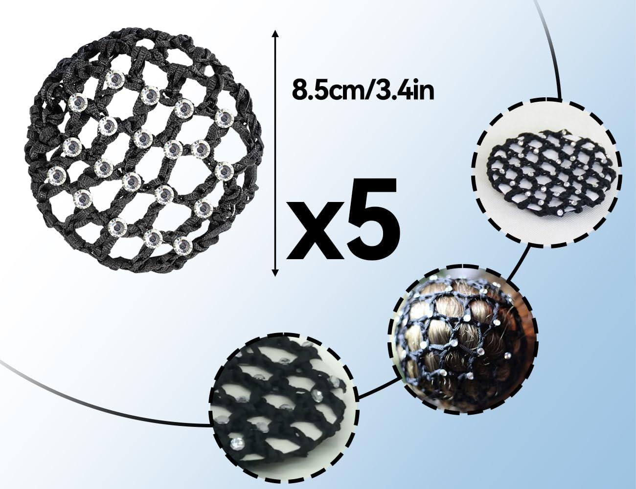 KAPSING Pack of 5 Bun Net Hair Net, Black Bun Net, Bun Hairstyle Aid Fabric Knot Net for Gymnastics Rhythmic Sports Gymnastics Ballet image number 4