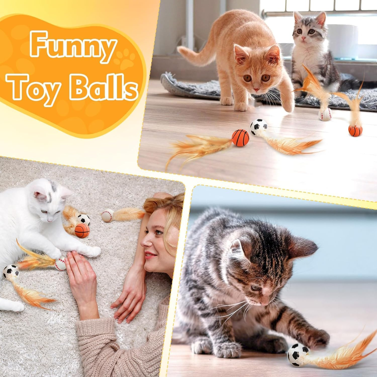6PCS Interactive Feather Ball Toy for Cats, New Cat Bouncy Ball with Feather Tails, Elastic Cat Toy Balls Silicone Rolling for Indoor, Rolling Balls for Cats Playing Exercise image number 4