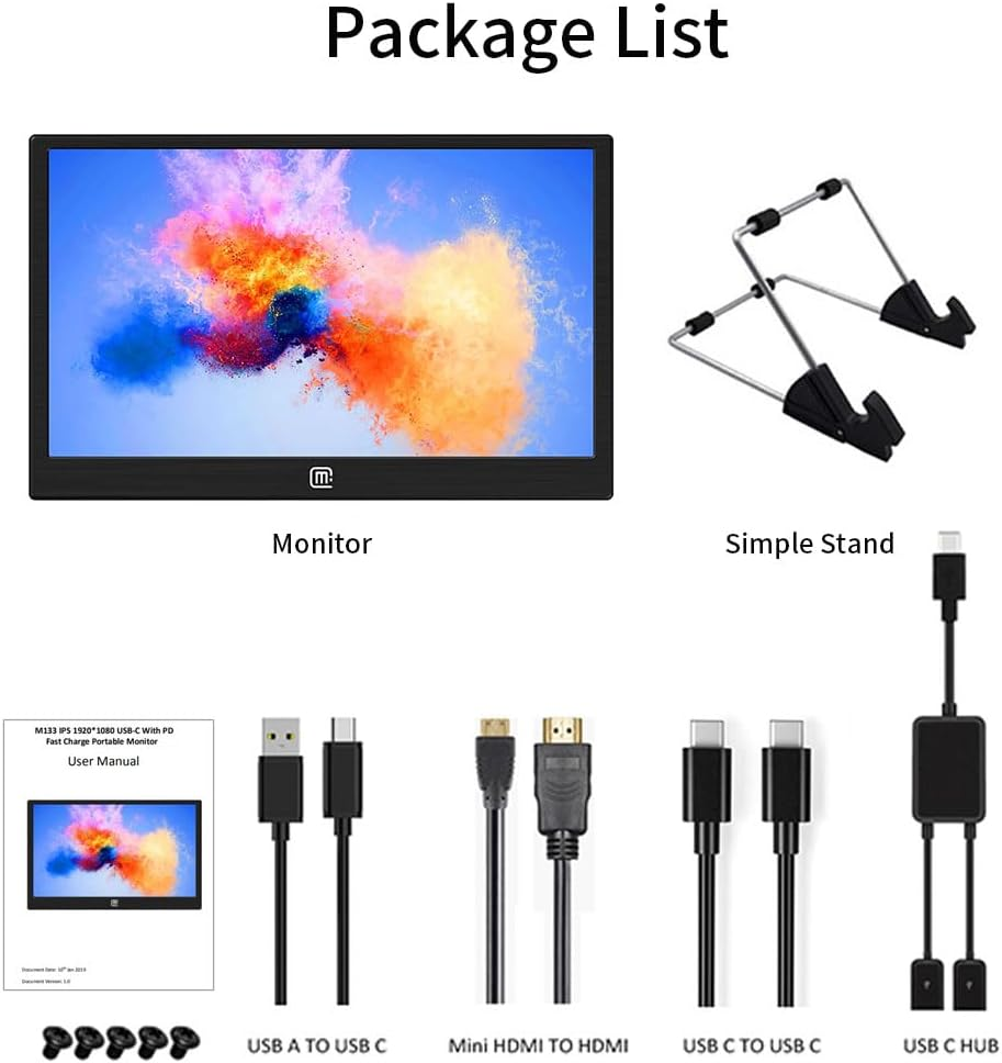 13.3 Inch USB C Portable Monitor, 1080P Mobile Screen with Dual Type-C Mini HDMI, Lightweight, HDR, Narrow Bezel for Laptop PC Phone Mac Surface Game Console image number 1