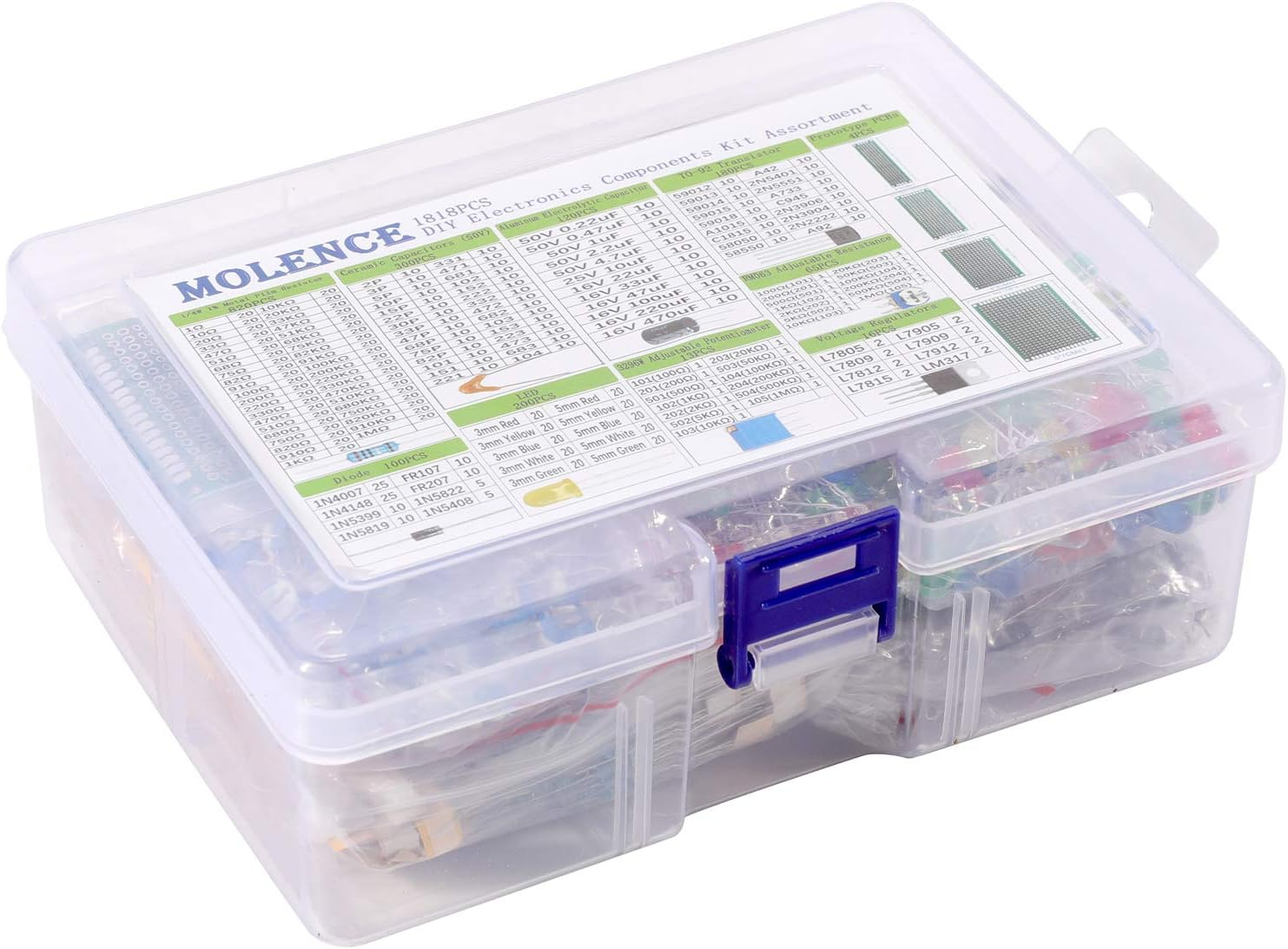 DIY Electronics Components Kit Assortment, Resistors 1818PCS, LED, Triode, Capacitors, Diodes, PCB, Potentiometer, Variable Resistance, Stabilivolt for Arduino UNO MEGA2560 Raspberry Pi MCU image number 2