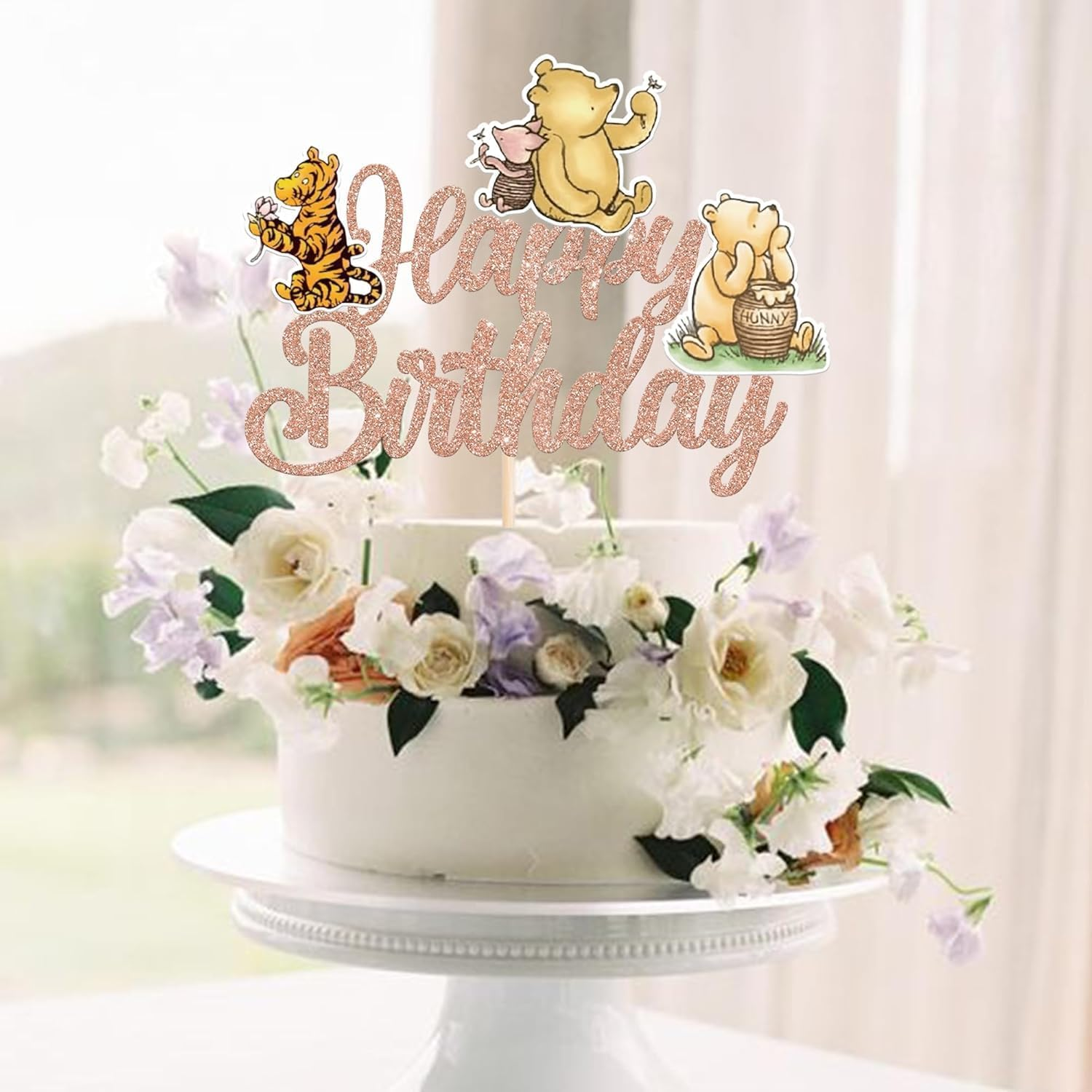 SYKYCTCY 1 Pack Winnie Happy Birthday Cake Topper Glitter Classic Birthday Cake Pick Cute Winnie Bear Cake Decorations for Baby Shower Bridal Shower Kids Birthday Party Supplies (Rosegold) - Rosegold image number 4