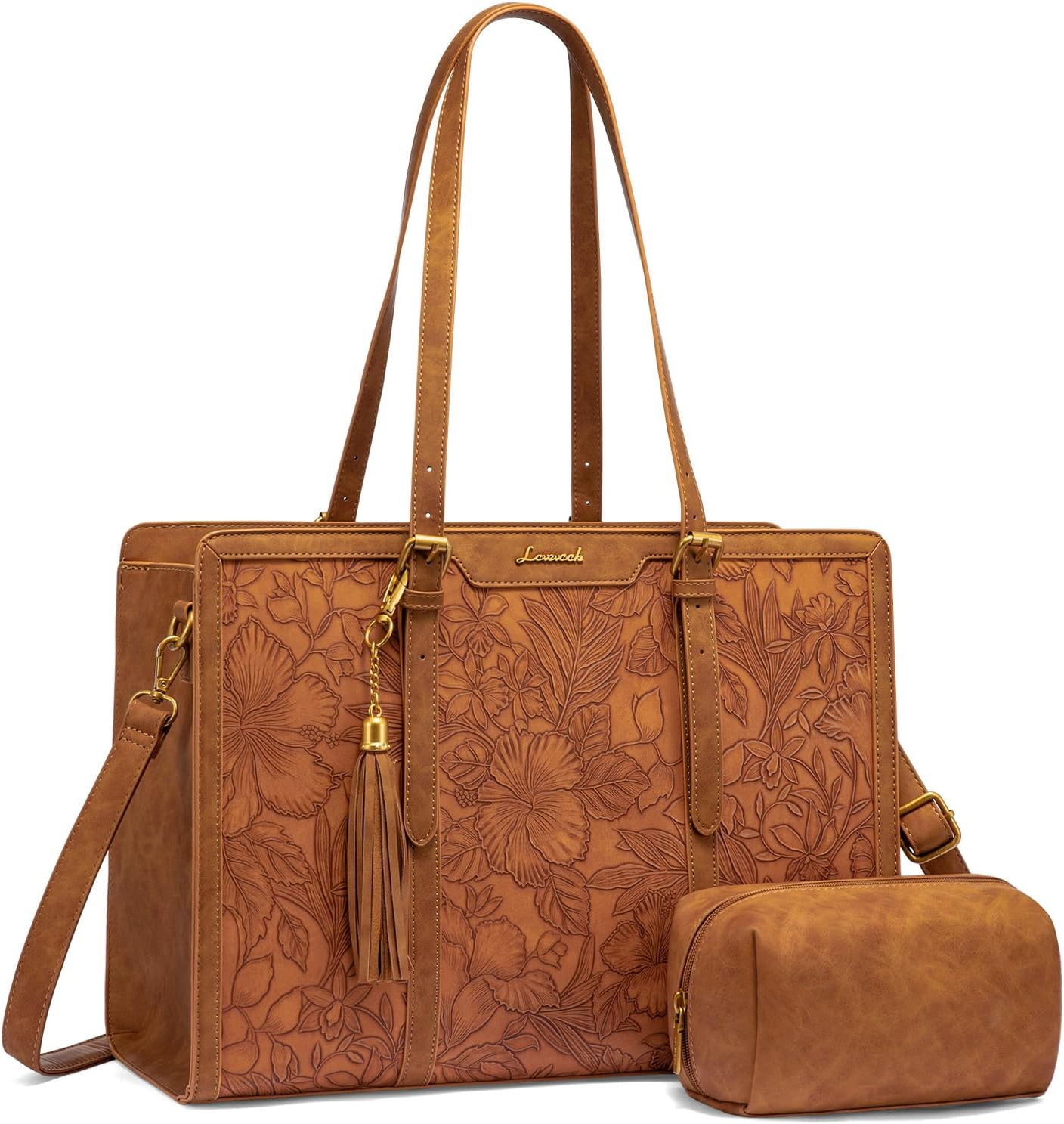 LOVEVOOK Laptop Bag for Women Vintage Leather Laptop Tote 15.6 Inch Large Capacity Computer Bag with Clutch Purse for Work