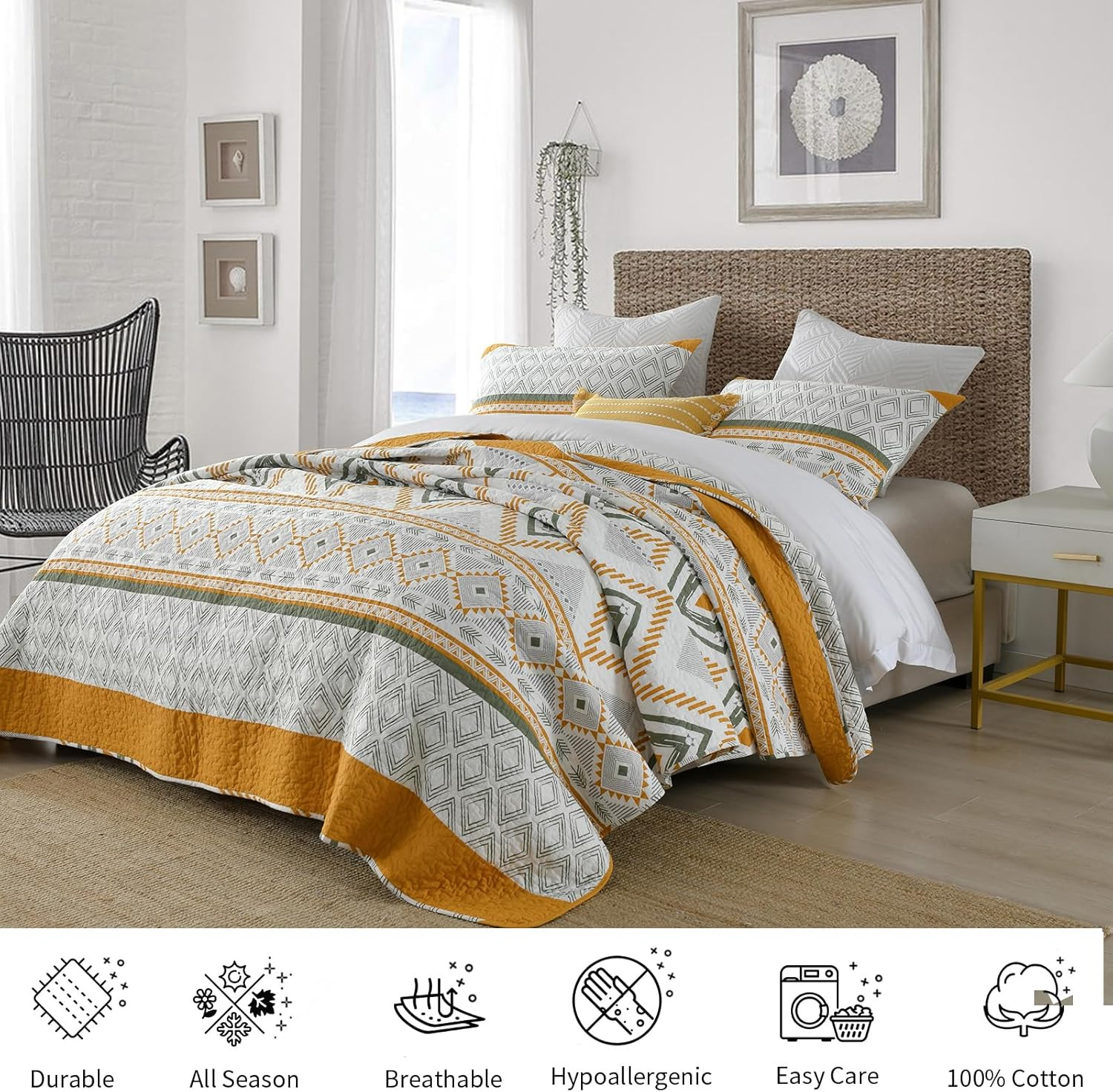 100% Cotton Quilted Bedspread Coverlet Set Queen Size, Lightweight Quilt with 2 Pillow Shams, Geometric Bedding Set Bed Blanket, Orange image number 4