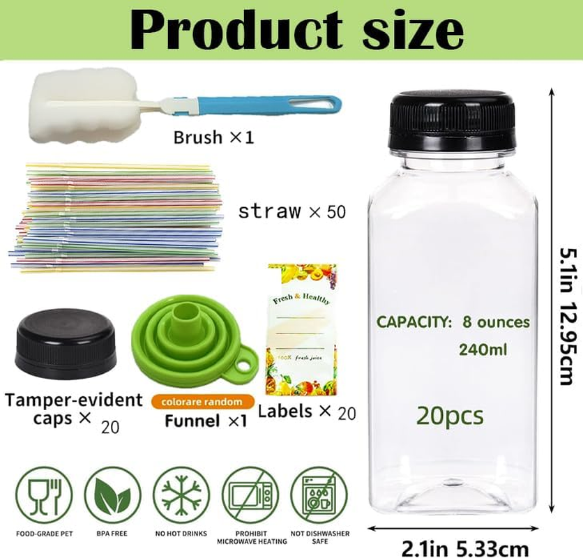 20 Pack 8Oz 250Ml Reusable Empty Plastic Juice Bottles with Leak-Proof Caps Lids, Clear Homemade Water Bottle, Label，Recyclable Drink Bulk Containers for Juicing, Smoothie, Milk and Other Beverages image number 1