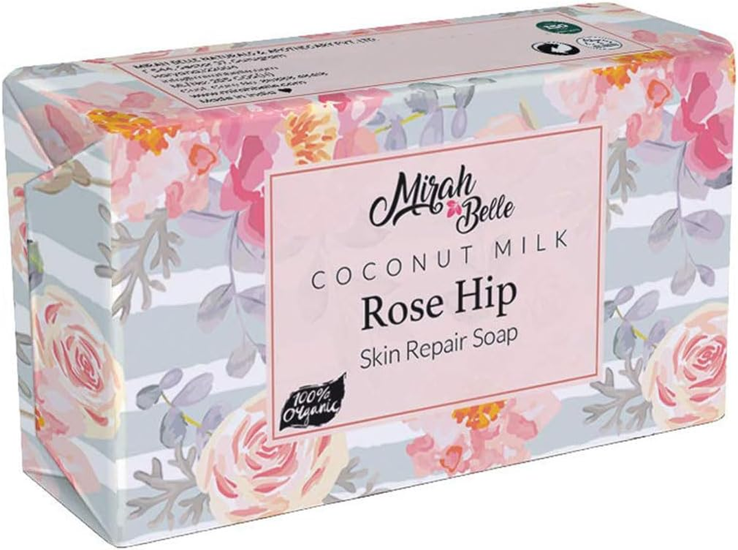 Mirah Belle Coconut Milk, Rose-Hip Soap (Pack of 6-125 Gm) - for Dry and Rough Skin - Moisturising and Smoothening - Handmade, Vegan and Cruelty Free - 750 Gm