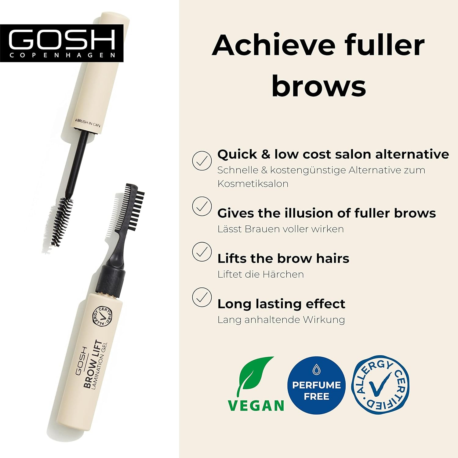 GOSH Brow Lift Lamination Eyebrow Gel, Vegan, Colourless Fixing Gel for Quick Flawless Brow Styling, with Salon Effect, Fragrance-Free & Long-Lasting Suitable for Allergy Sufferers