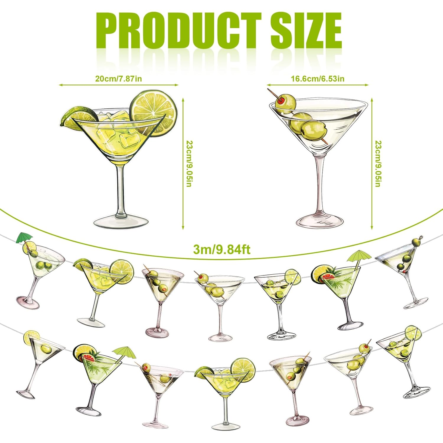 2Pcs Martini Party Banner, Pre-Strung Martini Party Decorations Diverse Style Martini Glass Banner Espresso Martini Garland for Birthday Bachelor Wedding Engagement Shower Party Supplies image number 3