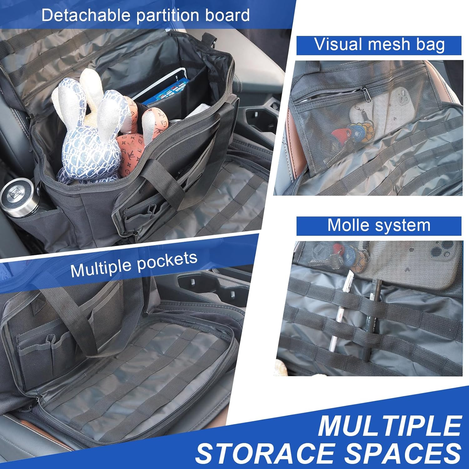 Car Organizer, Tactical Car Seat Organiser with Molle Panel, Adjustable Shoulder Strap, Practical Multi-Pockets Vehicle Folding Patrol Storage Bag image number 3